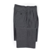 Two pleat trousers in charcoal grey silk, wool, and cotton