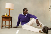 Harley of Scotland Seamless Saddle Shoulder Men's Shetland Sweater- Iris (Royal Violet Purple)