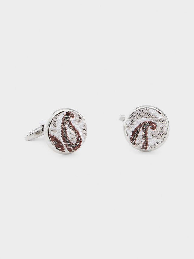 Boutons de manchettes ronds en soie mélangée beige à motif cachemire
