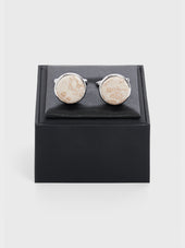 Boutons De Manchettes Ronds En Coton Et Soie Beiges Motif Fleuri