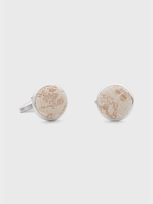 Boutons de manchettes ronds en coton et soie beiges à motif fleuri