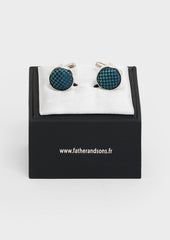 Boutons De Manchettes Ronds En Soie Carreaux Bleu Marine Et Vert Bouteille