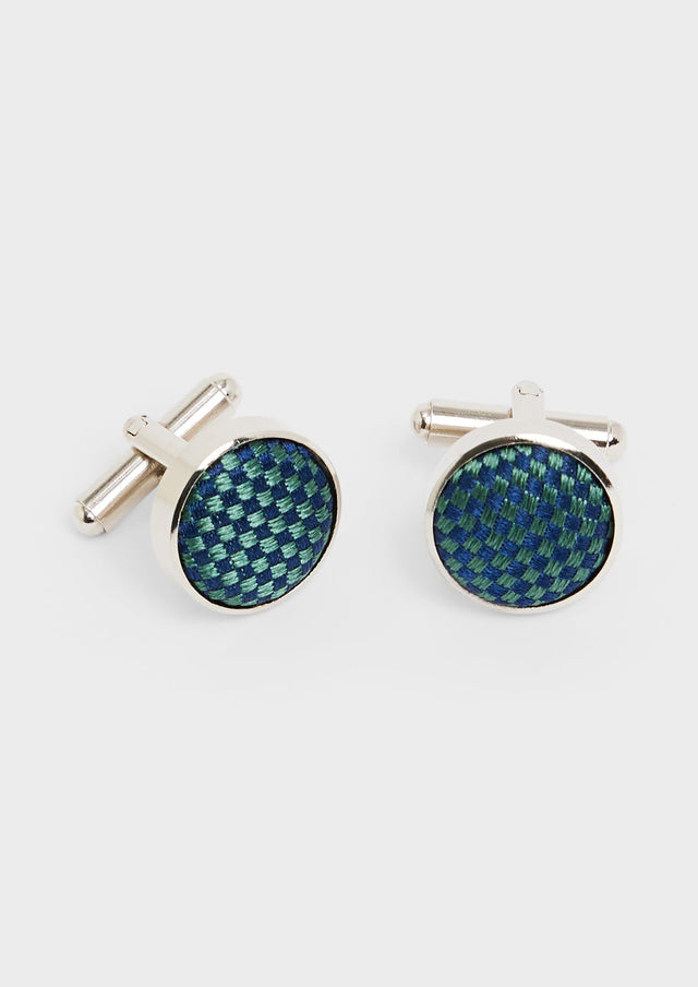 Boutons de manchettes ronds en soie à carreaux bleu marine et vert bouteille