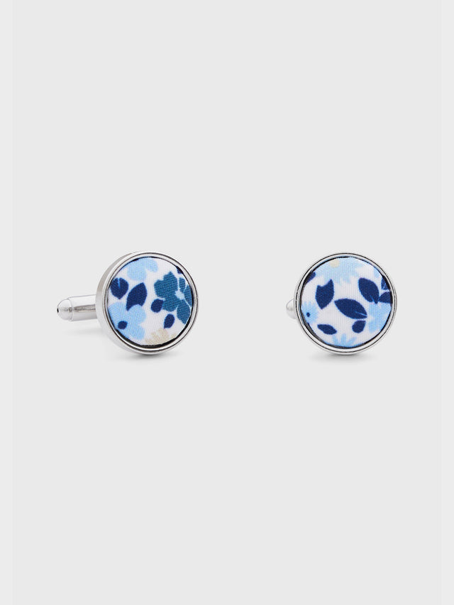 Boutons de manchettes ronds à motif fleuri bleu indigo