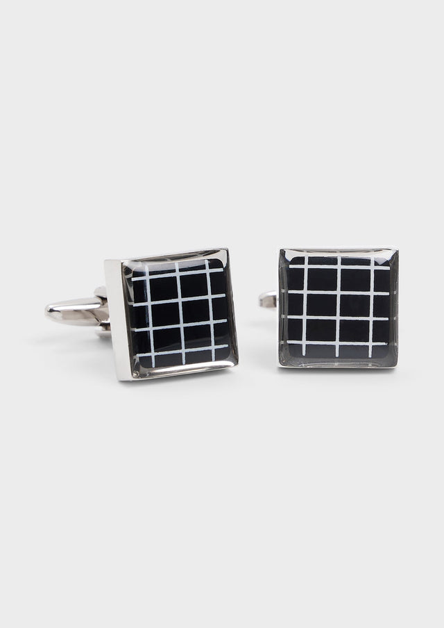 Boutons de manchettes carrés argent avec carreaux noir et blanc