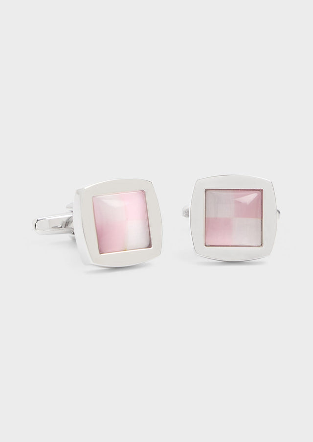 Boutons de manchettes carrés argent avec inserts rose et blanc