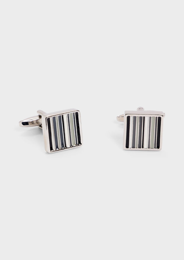 Boutons de manchettes carrés argent avec stries vert, noir et blanc