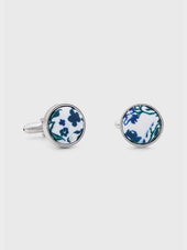 Boutons de manchettes ronds à motif fleuri vert bouteille et bleu
