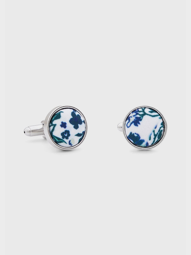Boutons de manchettes ronds à motif fleuri vert bouteille et bleu