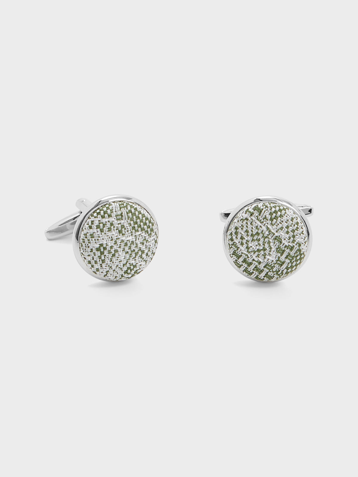 Boutons De Manchettes Ronds En Coton Et Soie Vert D Eau Motif Fleuri Blanc