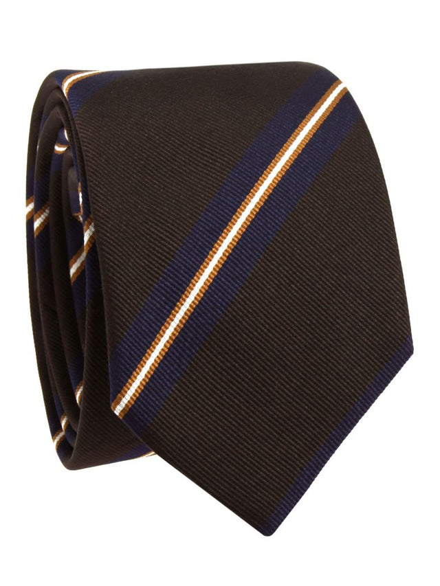 Brown club tie with blue stripes