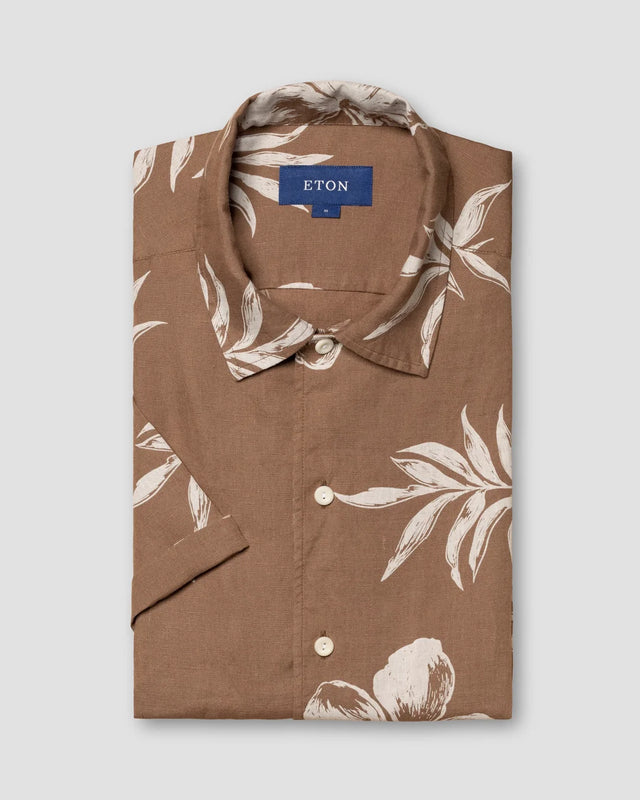 Brown Hibiscus Print Linen Resort Shirt – Short Sleeve - Eton
