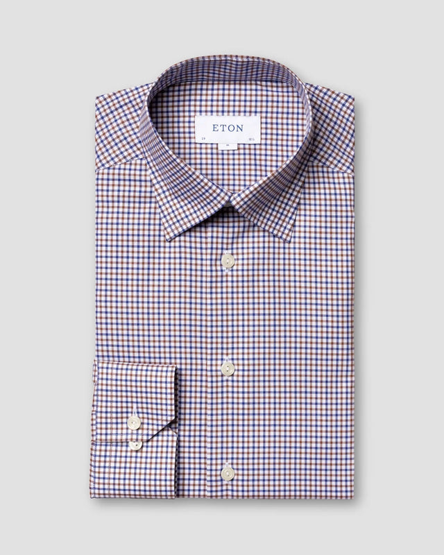 Brown & Blue Check Twill Shirt - Eton