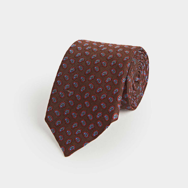 Brown Silk Tie With Micro Paisley Motif