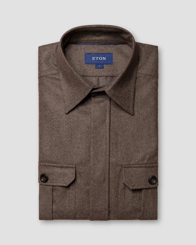 Dark Brown Wool-Cashmere Flannel Overshirt - Eton