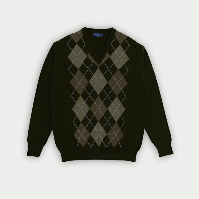 Brown V-Neck Cashmere Argyle Sweater