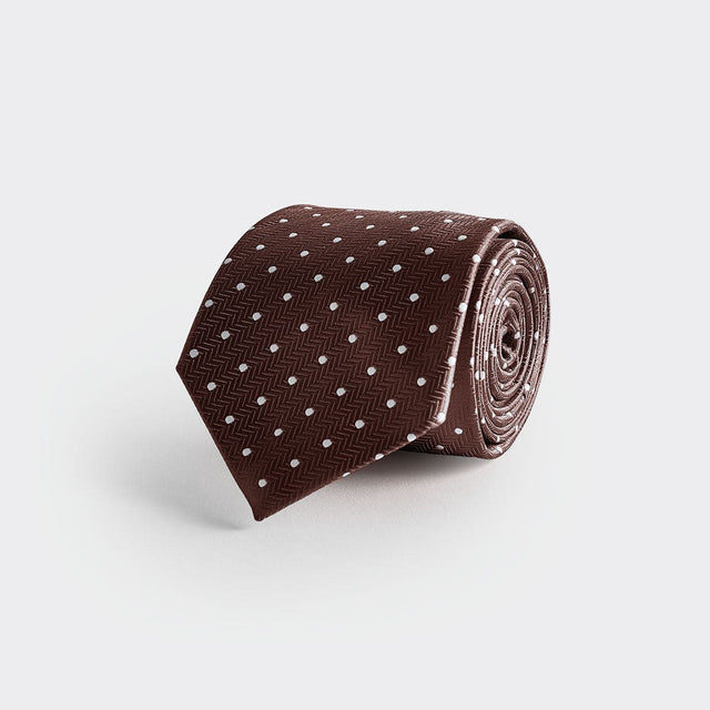Brown & White Spot Herringbone Silk Tie
