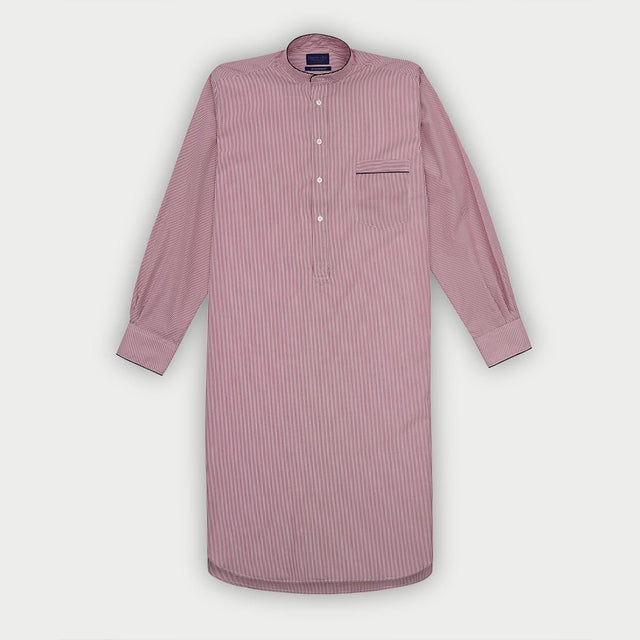 Burgundy Fine Bengal Stripe Sea Island Quality Cotton Nightshirt with Navy Piping