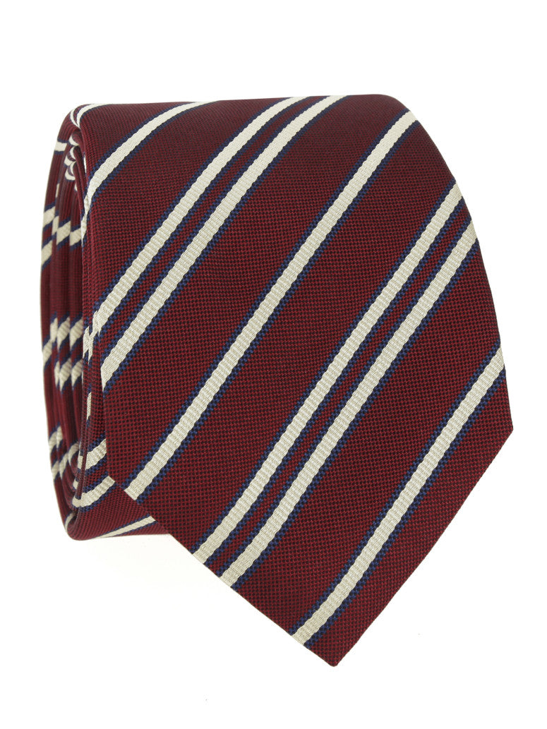 Red Silk Tie With Double Beige Stripes
