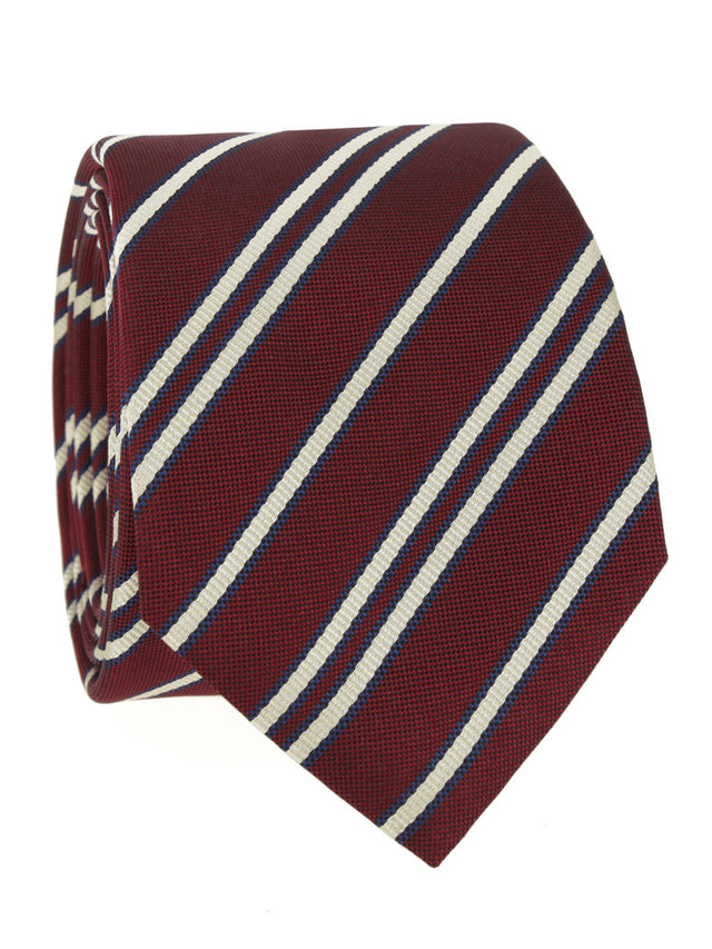 Burgundy red silk tie with double beige stripes