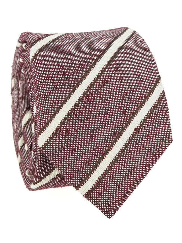 Burgundy red silk tie with beige stripes