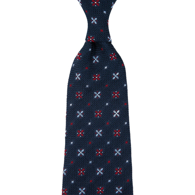 Floral Fina Grenadine Silk Tie - Navy - Hand-Rolled