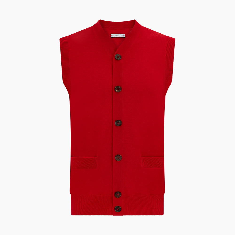 Red Fine Merino V Neck Sleeveless Cardigan