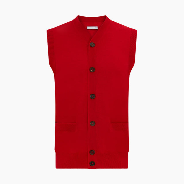 Red Fine Merino V-Neck Sleeveless Cardigan