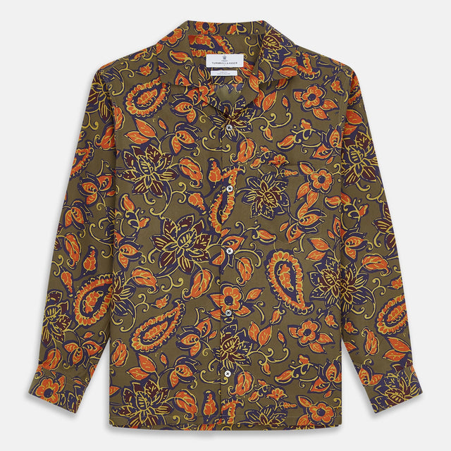 Khaki Green Floral Silk Holiday Fit Winnington Shirt
