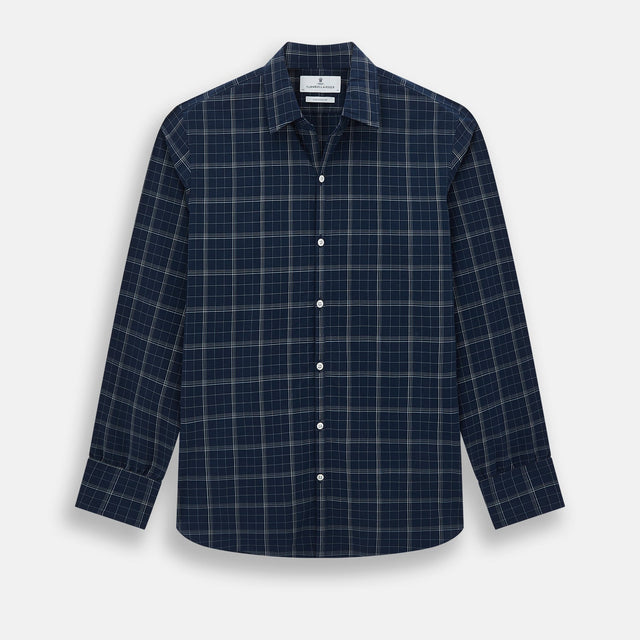 Indigo and White Thin Plaid Check Windsor Shirt