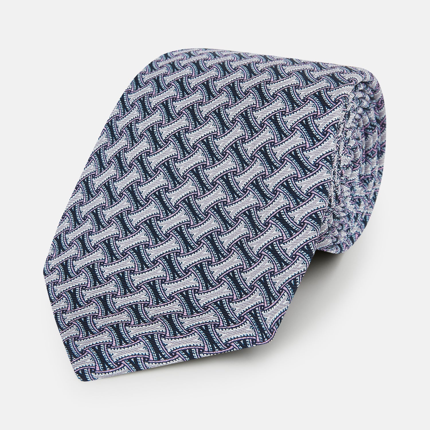 Navy and Pink Weave-Patterned Printed Silk Tie