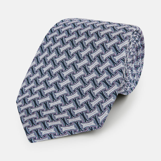 Navy and Pink Weave-Patterned Printed Silk Tie