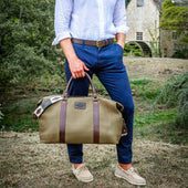 Caballero large travel bag - brown leather and forest canvas with dark green stitching