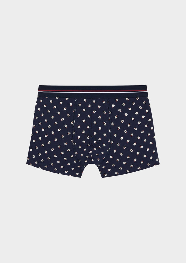 Boxer en coton stretch bleu indigo à motif fantaisie blanc