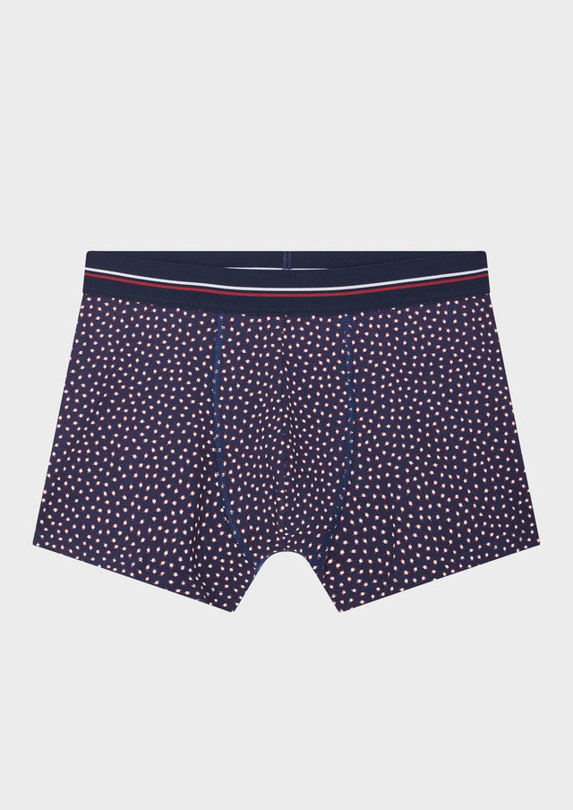 Boxer en coton stretch bleu à motif fantaisie bordeaux et blanc