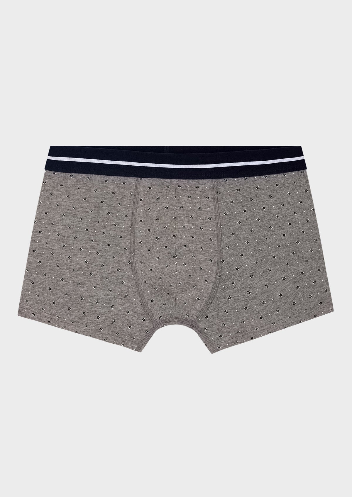 Boxer En Coton Stretch Gris Motif Fantaisie Bleu Marine Et Blanc