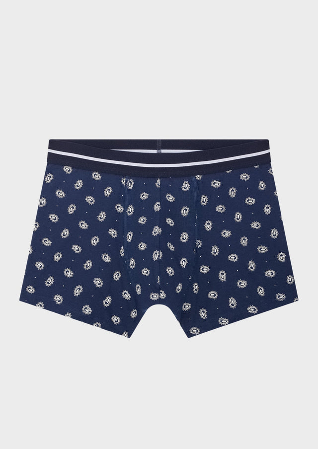 Boxer en coton stretch bleu marine à motif fantaisie blanc