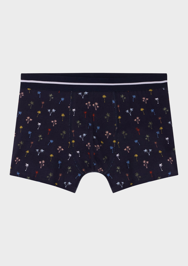 Boxer en coton stretch bleu marine à motif fantaisie blanc, bleu, rouge et vert