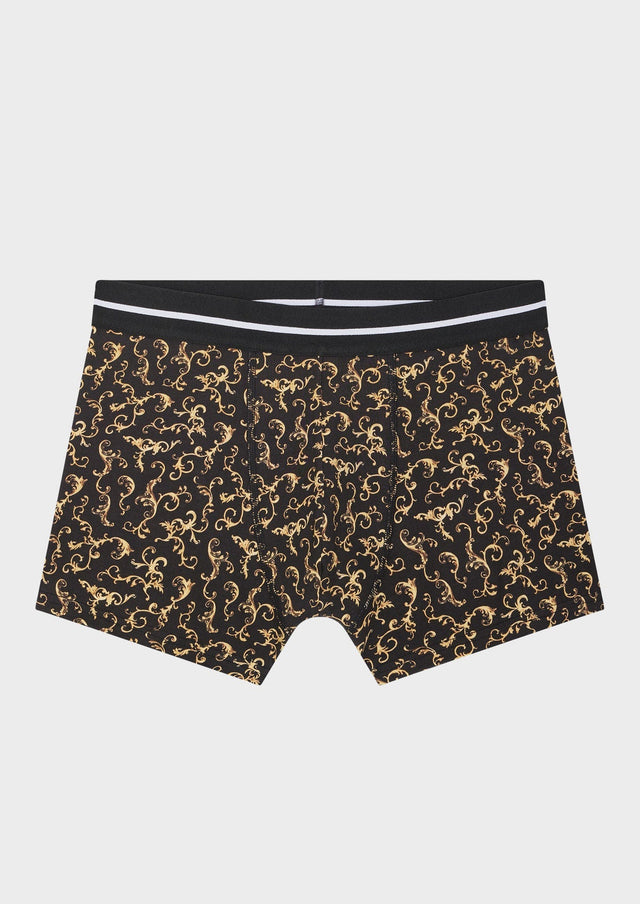 Boxer en coton stretch noir à motif fantaisie jaune