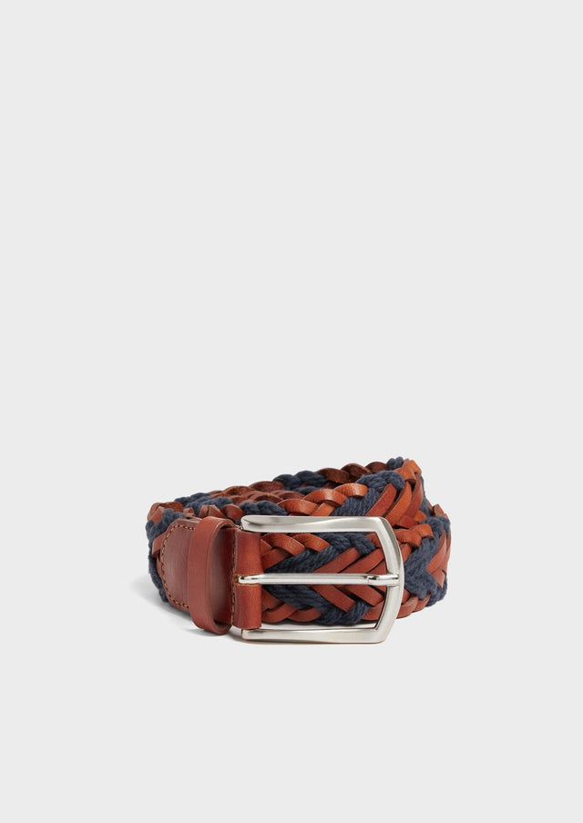 Ceinture tressée en cuir et cordes cognac et bleu marine