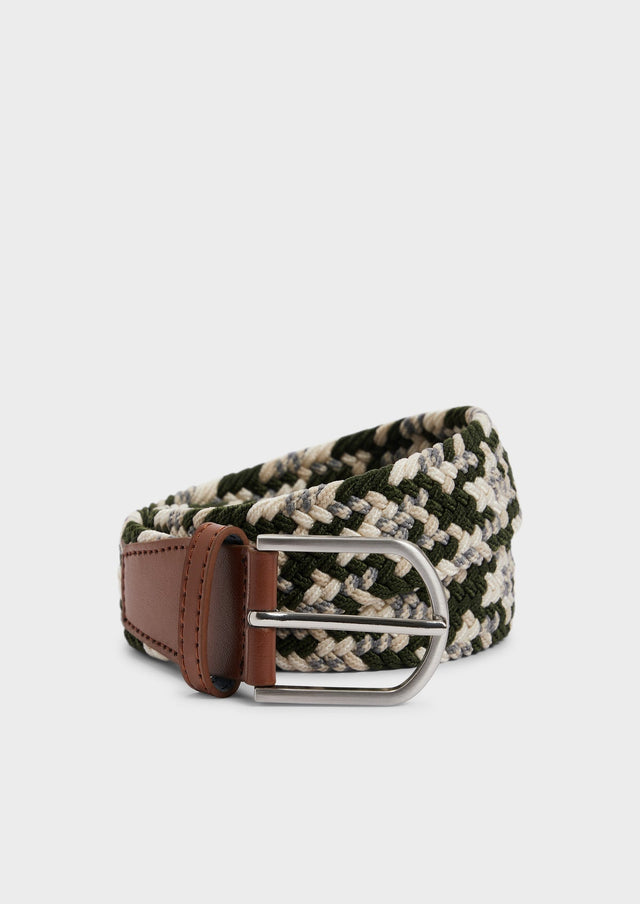 Ceinture tressée kaki, blanc et gris