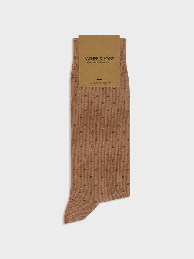 Chaussettes en coton bio mélangé marron à pois kaki