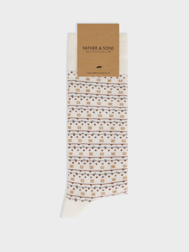 Chaussettes en coton bio mélangé écru à motif marron et gris
