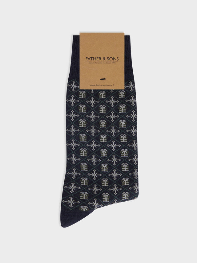 Chaussettes en coton bio mélangé bleu marine à motif vert et gris