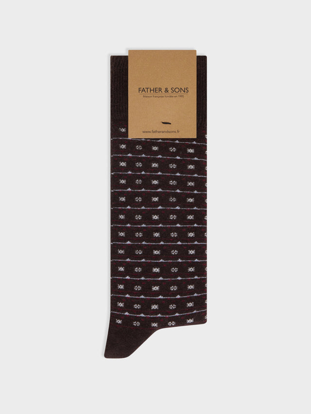 Chaussettes en coton bio mélangé marron à motif rouge et écru