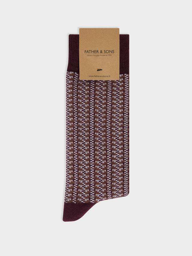 Chaussettes en coton bio mélangé bordeaux à motif écru et marron