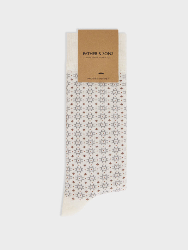 Chaussettes en coton bio mélangé écru à motif beige et gris