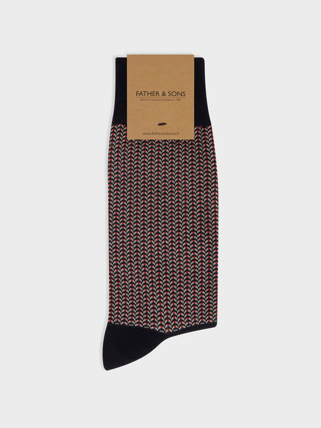 Chaussettes en coton bio mélangé noir à motif beige et vermillon