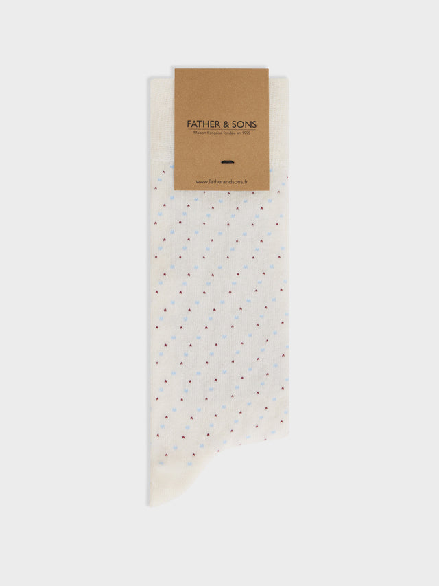 Chaussettes en coton bio mélangé écru à pois bleu et bordeaux