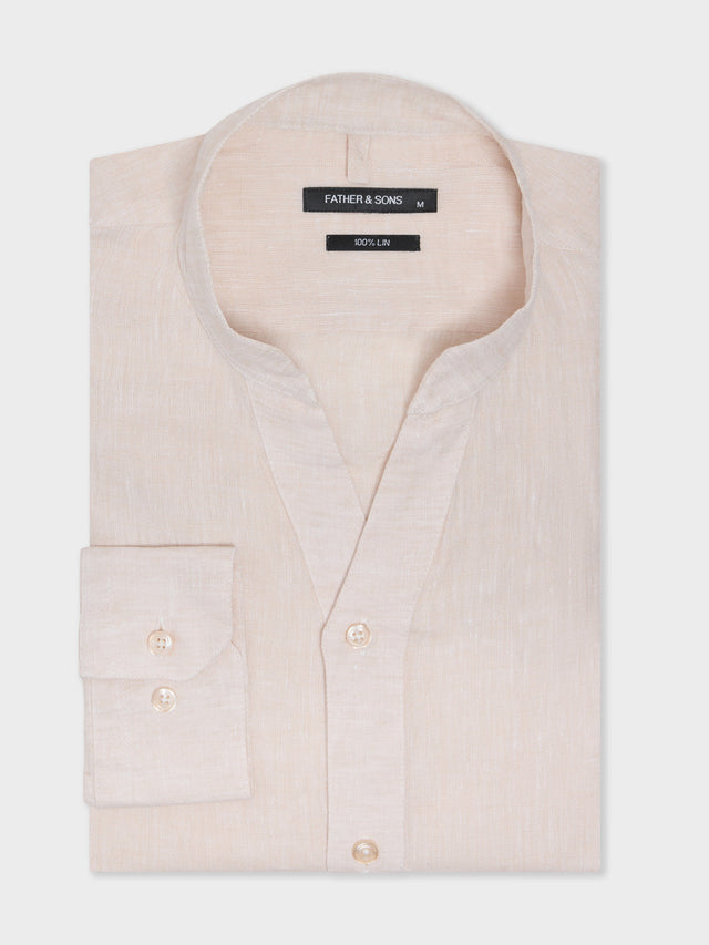 Chemise Slim en lin beige à col tunisien